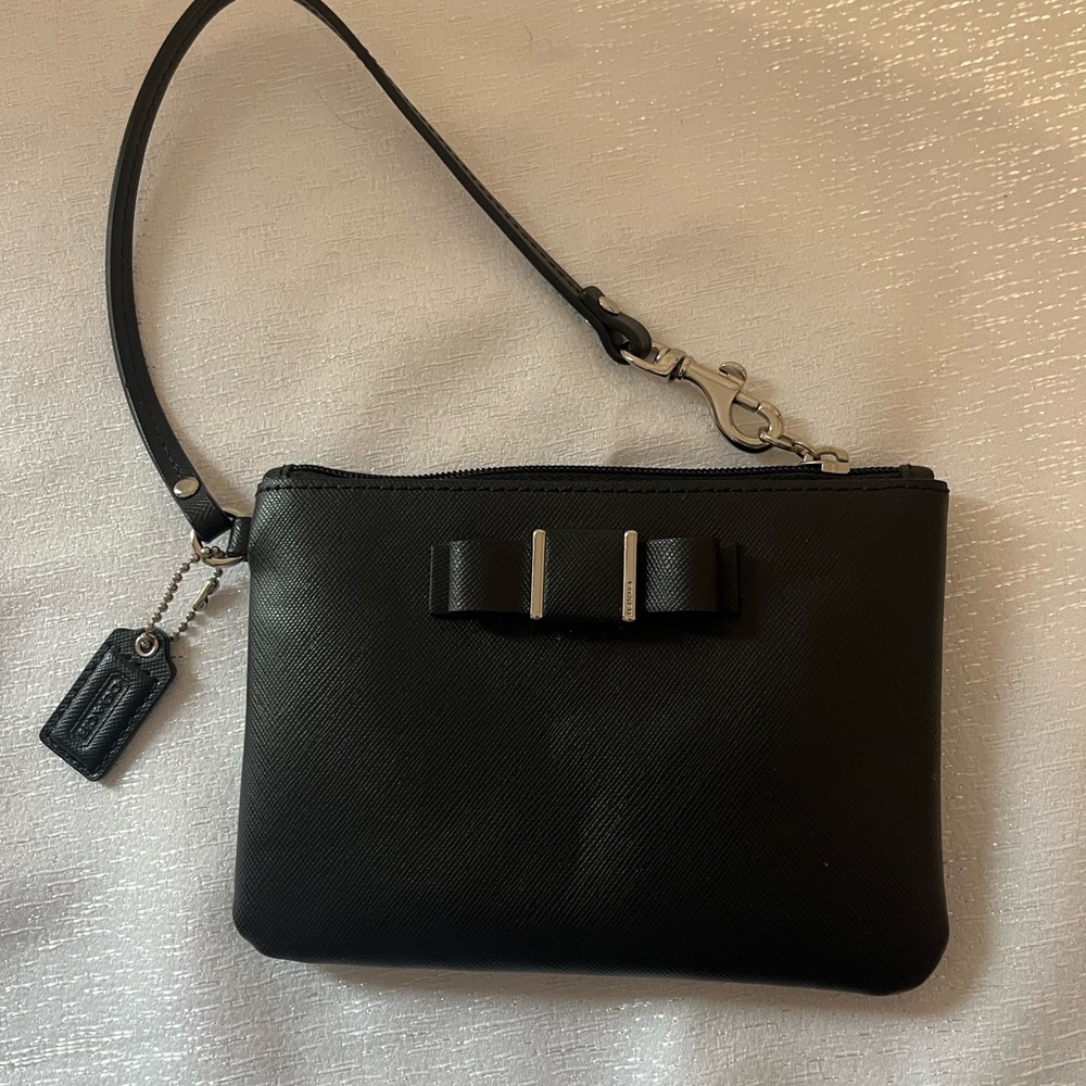 Coach Black Leather Wristlet with Bow Accent
